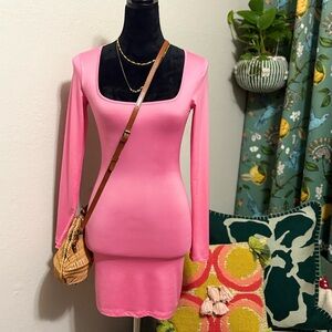GB Long Sleeve Spandex Bodycon Mini Dress- Hot Pink